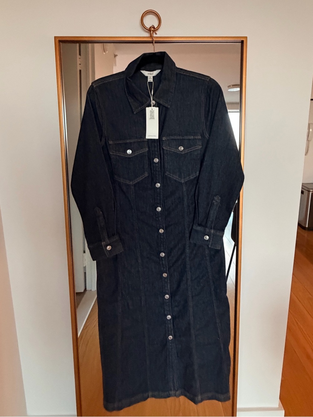 Dark Wash Denim Button-Front Maxi Shirt Dress